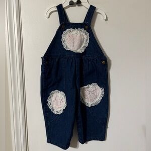 vintage Hopscotch denim overalls with pink lace heart patches. 12 months